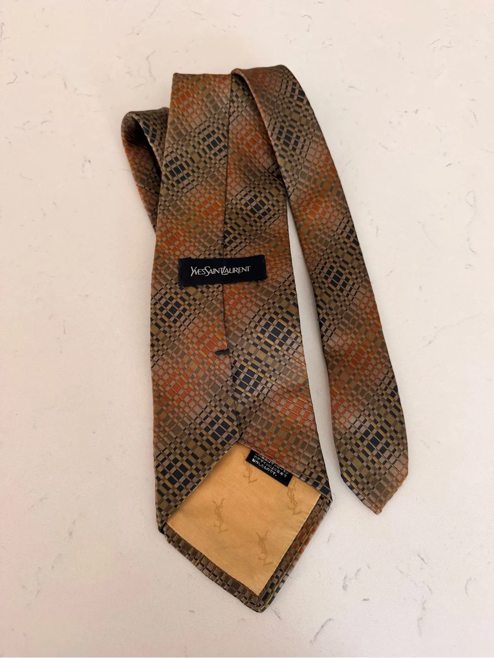 Yves Saint Laurent Brown and Orange Geometric Silk Tie
